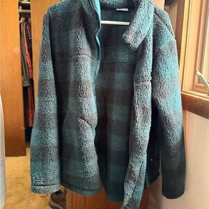 Columbia Black and Teal Plaid Sherpa Jacket